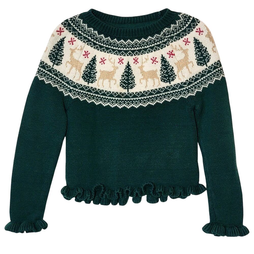 Tahari Kids Green Fair Isle Crewneck Sweater Long Sleeve Holiday Winter S (5–6)
